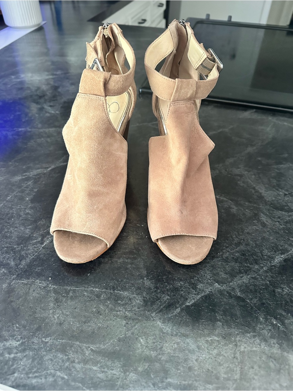 Jessica Simpson Taupe Suede Peep Toe Wedge
